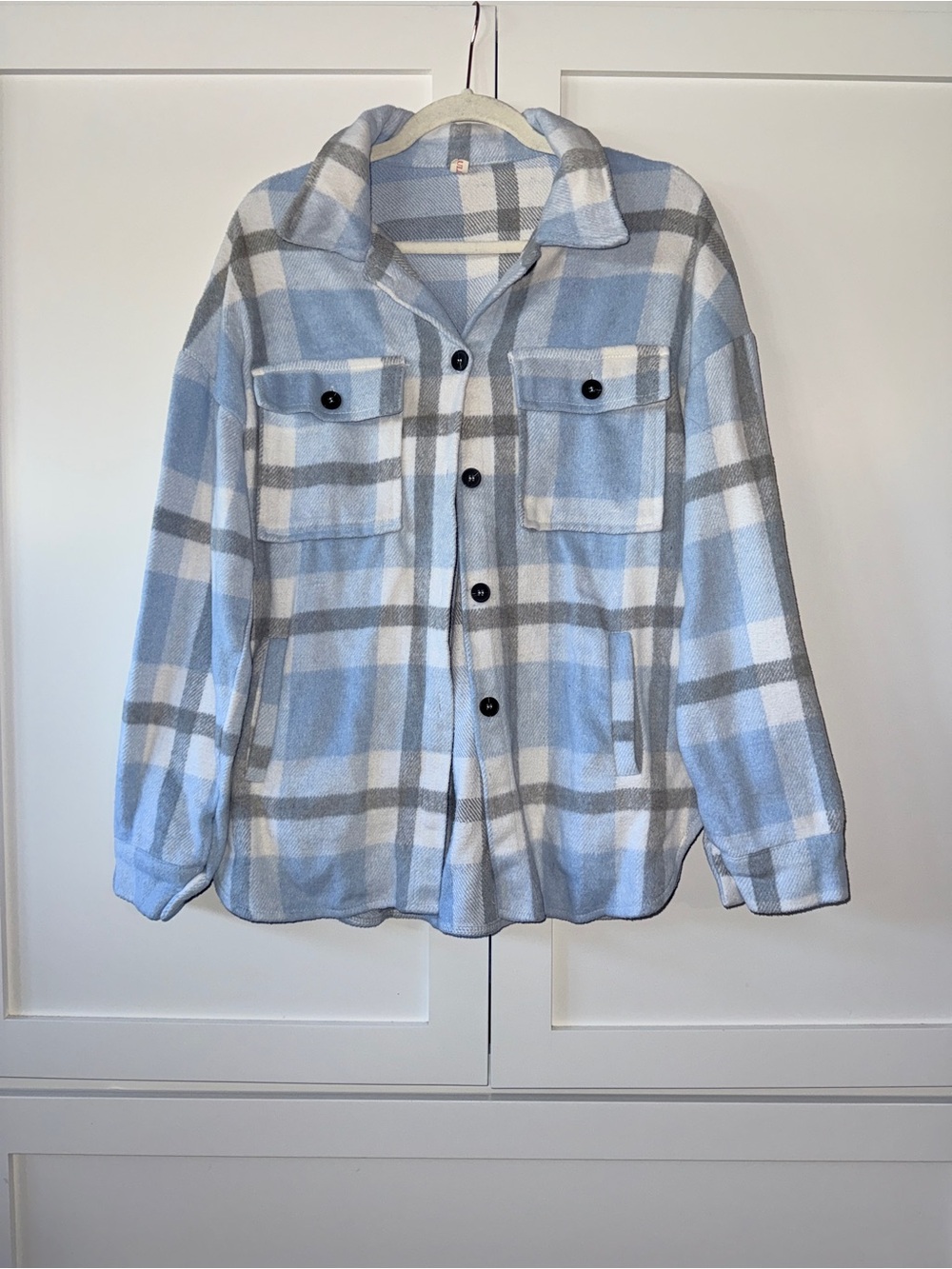 Cozy Plaid Button-Up Shacket - Light Blue, Gray & White